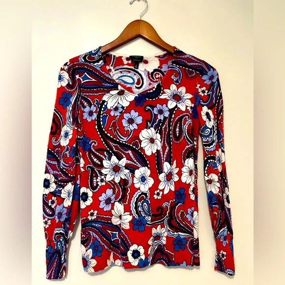 Talbots Merino Wool Puff Sleeve Paisley Bloom Pullover Sweater β Petite - Picture 1 of 6